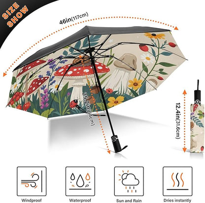 Automatic Folding Umbrella Windproof Strong, UV Protection Compact Floral Hydrangea Hummingbird Sun Rain Sun Rain Travel Umbrellas for Women Men