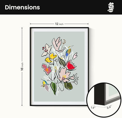 Floral Framed Wall Art for Living Room, Colorful Abstract Paintings, Botanical Poster Art, Green Flower and Bird Canvas Prints, Hummingbird Wall Decor for Bedroom Apartment Dorm Gallery, Modern floral illustration, Gifts for Friends or Family - 16" x 12"