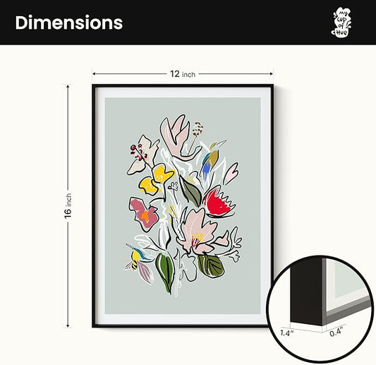 Floral Framed Wall Art for Living Room, Colorful Abstract Paintings, Botanical Poster Art, Green Flower and Bird Canvas Prints, Hummingbird Wall Decor for Bedroom Apartment Dorm Gallery, Modern floral illustration, Gifts for Friends or Family - 16" x 12"