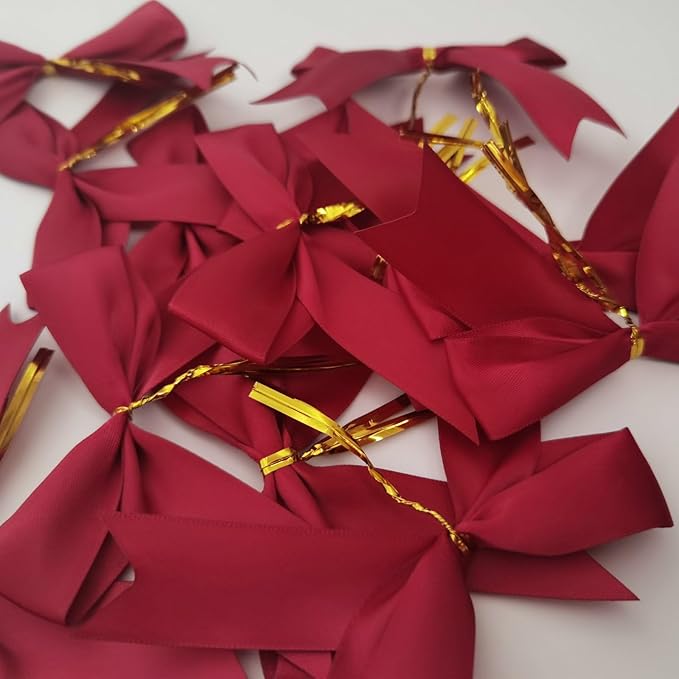 50pcs 3-1/2" Burgundy Twist Ties Satin Wine Color Bows with Twist Tie Bows Fish Tail Cutting(Burgundy)