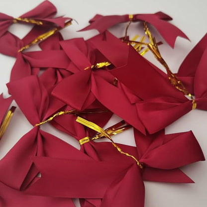 50pcs 3-1/2" Burgundy Twist Ties Satin Wine Color Bows with Twist Tie Bows Fish Tail Cutting(Burgundy)