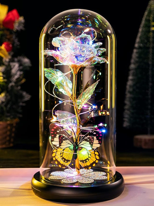 Christmas Rose Gifts for Women, Womens Gift for Christmas Birthday Gift Galaxy Glass Rose Forever Eternal Crystal Flower Light Up Roses in Glass Dome Butterfly Xmas Gifts for Mom Grandma Wife Colorful