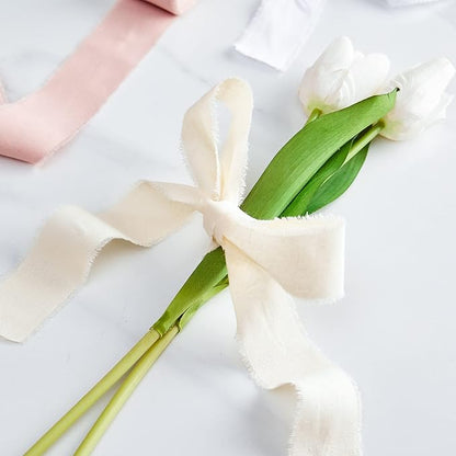 Keypan Pink White Ribbon 1-1/2 x 15 Yards Handmade Cotton Frayed Fringe Fabric Ribbons for Crafts Flower Bouquets Wedding Baby Shower Home DIY Decor