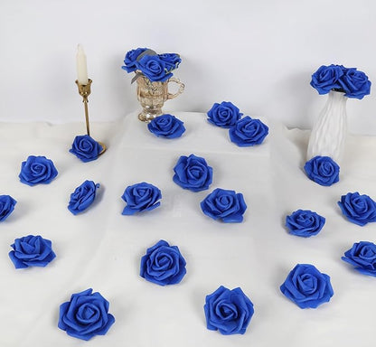 IPOPU Artificial Flowers Roses Heads, 100 Pcs Faux Flowers Real Looking Blue Foam Fake Roses for DIY Crafts Wedding Bouquets Arrangements Party Home Decorations (Royal Blue)