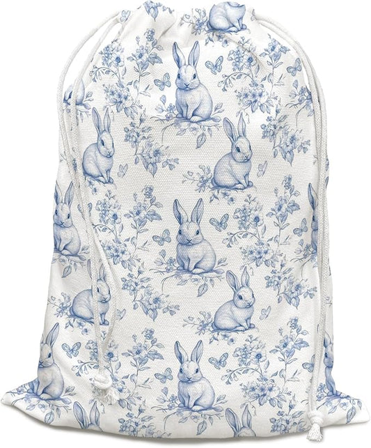 DSHFG Light Blue Chinoiserie Birthday Drawstring Gift Wrap Bags, Chinoiserie Bunny Baby Shower Drawstring Gift Bags Canvas, Blue and White Small Happy Birthday Bag, Bunny Gifts, 10x13 Inch