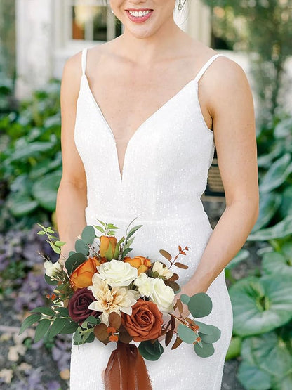 Rinlong 1Pc Fall Wedding Bouquets for Bridesmaids Bride Terracotta Artificial Bridesmaid Bridal Bouquet for Wedding Prom