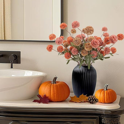 Geegoods 10 Stems Silk Pompon Mum Artificial Flowers with 2 Eucalyptus – 21’’ Long Stem Faux Chrysanthemums for Vase Arrangements, Rustic Farmhouse Fall Centerpieces & Autumn Décor