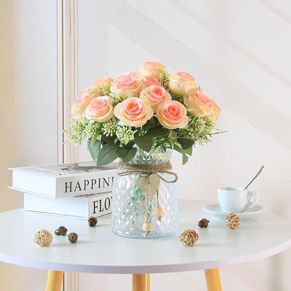 Fake Flowers in Vase,Fake Flowers with Vase 18 Pcs Faux Rose Flowers,Artificial Flowers for Home Decor, Indoor Centerpiece for Living Room & Dining Table (Pink)