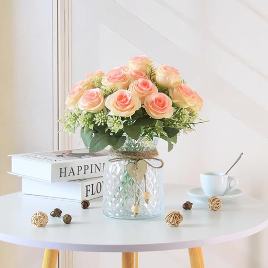 Fake Flowers in Vase,Fake Flowers with Vase 18 Pcs Faux Rose Flowers,Artificial Flowers for Home Decor, Indoor Centerpiece for Living Room & Dining Table (Pink)