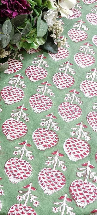 ATOSII Roma Green 100% Cotton Round Tablecloth, Handblock Print Floral Table Cloth for Kitchen Dining Linen I Parties, Weddings, Outdoors, Spring Summer Decor I 90" Inches Round