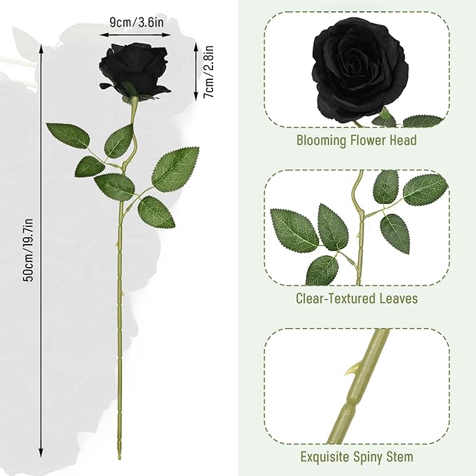 Waipfaru 16 Pcs Artificial Flowers Fake Silk Black Roses Bulk, Faux Real Touch Roses Bouquet with Long Stem for Wedding Party Home Decor (Black)