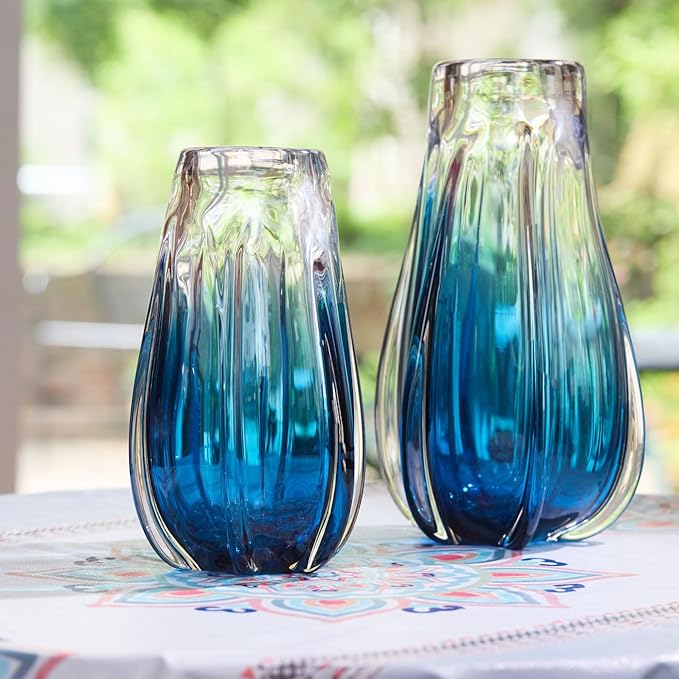 Luxury Lane Hand Blown Laine Sommerso Art Glass Vase for Home Decor 10 inch Tall Centerpiece Table Decoration