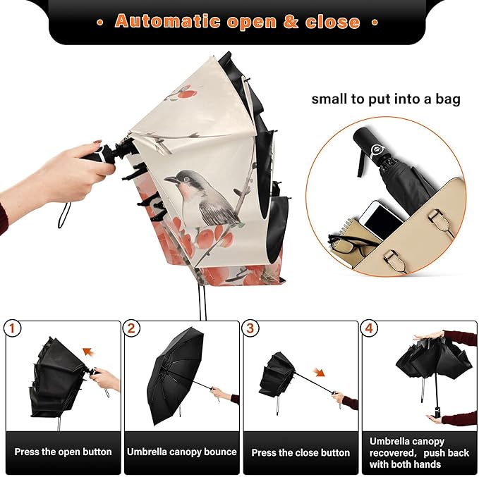 Automatic Folding Umbrella Windproof Strong, UV Protection Compact Floral Hydrangea Hummingbird Sun Rain Sun Rain Travel Umbrellas for Women Men