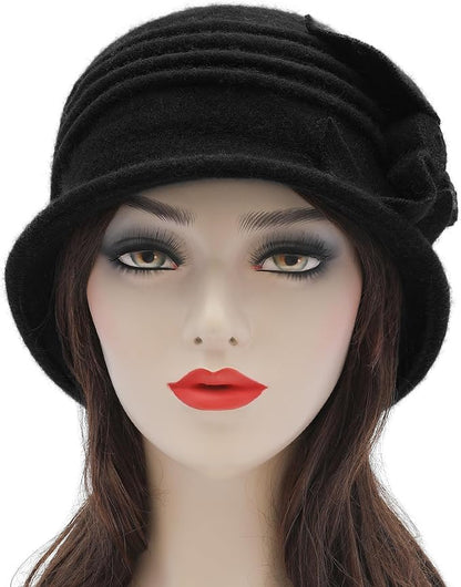 ZLYC Women Wool Cloche Bucket Hat 1920s Vintage Dress Winter Hats with Flower Accent