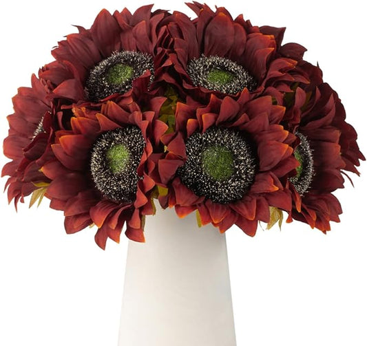 DuHouse 12pcs Artificial Sunflowers with Stems 5.5" Silk Sunflowers Bulk for Wedding Home Garden Outdoor Party Decoration(Red)