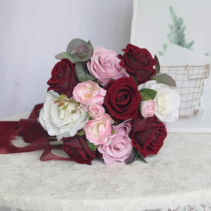 Rinlong 7" Wedding Bouquet for Bride Bridal Bridesmaid Vintage Artificial Flowers Burgundy Silk Bouquet Wedding