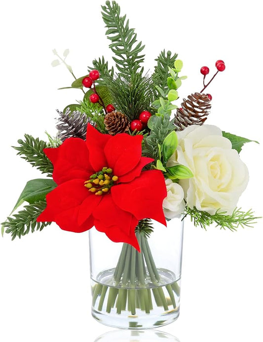 Artificial Flowers in Vase, Christmas Flower Bouquet Coffee Table Centerpieces with Faux Water for Winter Home, Fake Silk Poinsettia & Pinecorn Arrangement for Xmas Party Decor Gift (Red & Green)