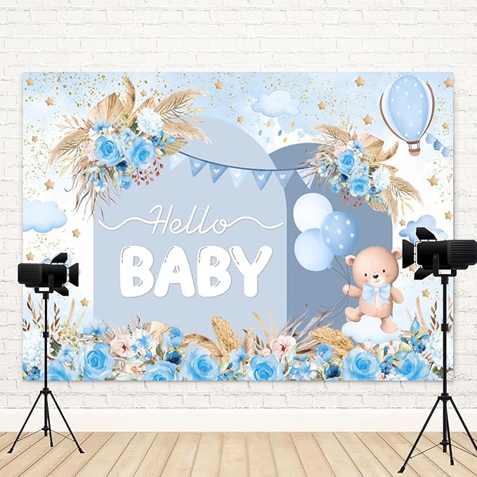 9x6ft Hello Baby Backdrop Blue Gold Boho Floral Bear Baby Shower Photography Background Balloon Stars Clouds Banner Decorations Welcome Newborn Celebration Party Portrait Photo Booth Prop