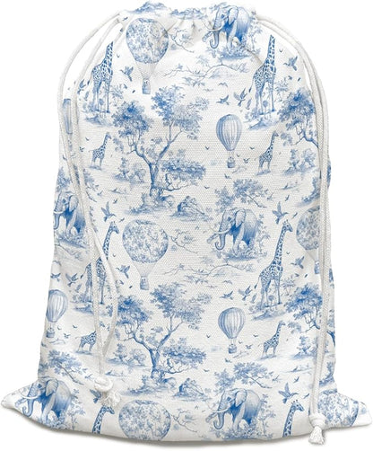 DSHFG Blue Safari Toile Chinoiserie Birthday Drawstring Gift Wrap Bags, Chinoiserie Animal Baby Shower Drawstring Gift Bags Canvas, Blue and White Small Happy Birthday Bag, Gifts for Women, 10x13 Inch