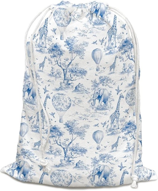 DSHFG Blue Safari Toile Chinoiserie Birthday Drawstring Gift Wrap Bags, Chinoiserie Animal Baby Shower Drawstring Gift Bags Canvas, Blue and White Small Happy Birthday Bag, Gifts for Women, 10x13 Inch