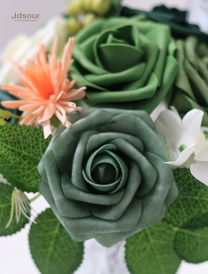 25pcs Artificial Flower，Real Looking Foam Roses w/Stem for DIY Wedding Bouquets Centerpieces Bridal Shower Party Decor-Shades of Army Green