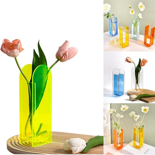 Acrylic Vase for Home Decor, Full-Transparent Neon Green Arch Vase, Modern Centerpiece Acrylic Flower Vase for Living Room or Wedding Decoration, Minimalist Table Décor (Green)