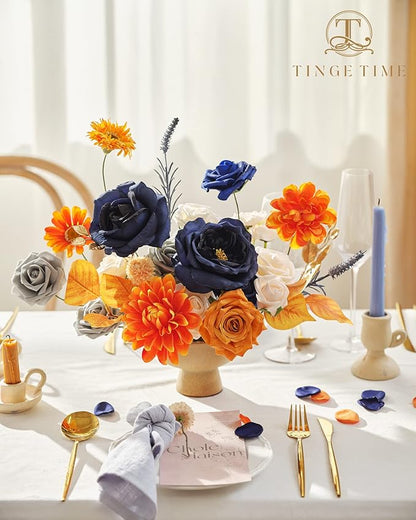 TINGE TIME Artificial Flowers Burnt Orange & Navy Blue Flower Combo for DIY Wedding Bouquets Table Centerpieces Arrangements Party Baby Shower Home Fall Decorations