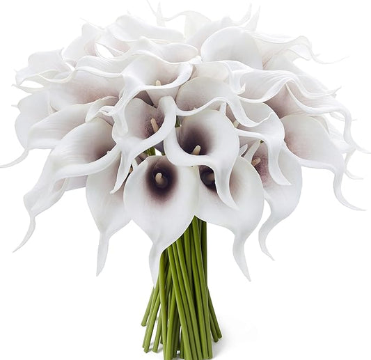 24 Pcs Artificial Calla Lily Flowers Fake Silk Flowers Real Touch for Wedding Bouquet Office Goth Home Kitchen Decor (White Black)