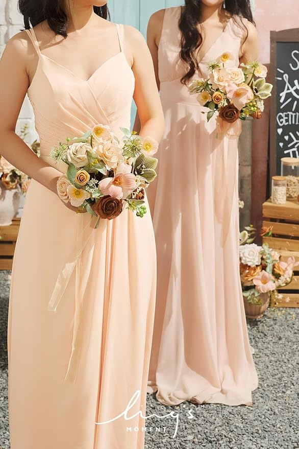 Ling's moment Artificial Flowers Apricot and Peach Bridesmaid Bouquet Set of 4, Peach Wedding Flowers Bouquets for Bridesmaids, 7 Inch Bridal Bouquets for Bridesmaids, Wedding, etc