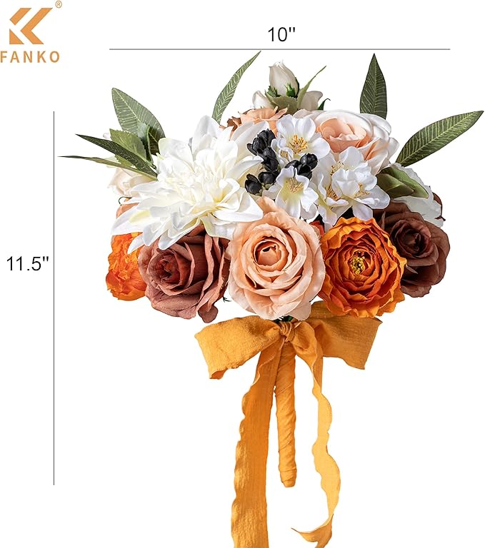 FANKO Artificial Flowers Brown Rose, Mixed Fake Silk Flowers Combo Cream White Rose White Dahlia Orange Ranunculus Vintage Style for DIY Wedding Bridal Bouquets, Home Decor