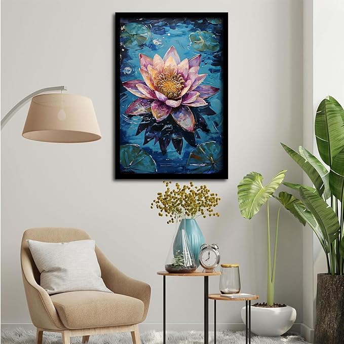 Gorgeous pink and purple water lilies on deep blue water Eye-catching oil painting Serene aquatic wall art for modern home decor 24x36in Metal blackFramed