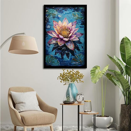 Gorgeous pink and purple water lilies on deep blue water Eye-catching oil painting Serene aquatic wall art for modern home decor 24x36in Metal blackFramed