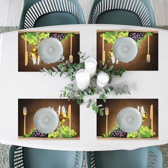 PVC Placemats Set of 4 Grape Red Wine Glass Wipeable Table Mats Washable Heat Resistant Non Slip Vinyl Dining Table Mat for Kithen Indoor Outdoor Patio Farmhouse Place Mats Decorative