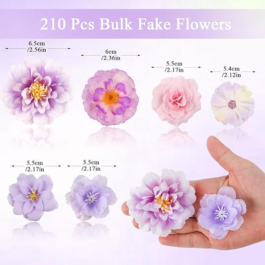 210 Pcs Mini Silk Flower Heads Small Fake Rose Daisy Faux Flowers Bulk for Crafts Artificial Loose Fabric Flowers Heads Sunflower Bulk for Wedding Hair Cap Dresses Decorations, Purple