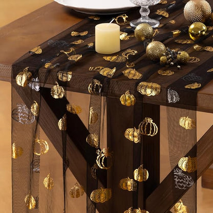 Socomi Gold Table Runner Fall Pumpkin Gauze Sheer Chiffon Cheesecloth Sequin 10FT Glitter Metallic Foil Dining Wedding Birthday Party Baby Shower Holiday Centerpiece Table Decor Black
