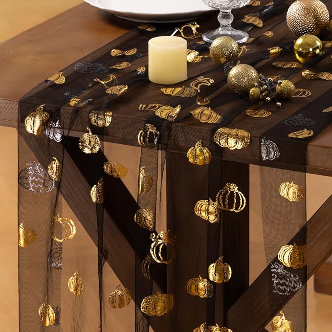 Socomi Gold Table Runner Fall Pumpkin Gauze Sheer Chiffon Cheesecloth Sequin 10FT Glitter Metallic Foil Dining Wedding Birthday Party Baby Shower Holiday Centerpiece Table Decor 3pcs Black