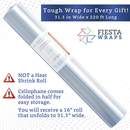 FIESTA WRAPS 220 ft Clear Cellophane Wrap Roll (31.5 in x 220 ft) - Cellophane Roll - Clear Wrapping Paper to Wrap Gift Baskets - Gift Basket Wrapping Supplies - Papel Celofán Transparente