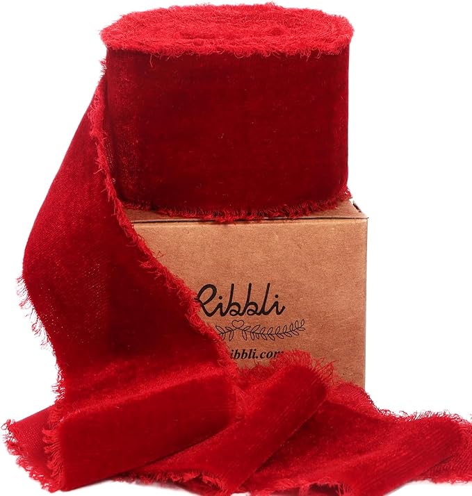 Ribbli Red Velvet Ribbon 2 Inch Handmade Frayed Vintage Christmas Ribbon for Gift Wrapping Christmas Tree Ornament Wreath Craft Home Decor -3 Yards