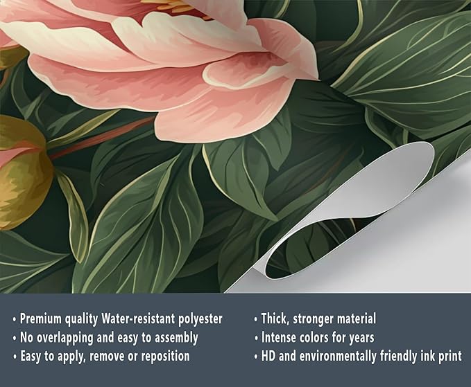 KIREUPA Peony Flower Wall Mural, Retro Pink Peony Flower 3d Wall Murals, Romantic Garden Theme Wallpaper Mural, for Living Room Bedroom Large Wallpaper Indoor Decor 197" W x124.8 H