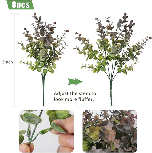 RECUTMS 8 Bundles Artificial Greenery Plants Stems Outdoor Fake Eucalyptus Plants Boxwood Bushes for Farmhouse Bathroom Office Vase Centerpiece Indoor Outdoor Decoration(Dusty Purple)
