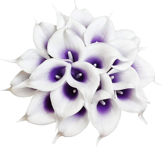 DuHouse 20Pcs Calla Lily Artificial Real Touch Latex Flowers Fake Wedding Bouquet Home Wedding Party Decor (Purple White)