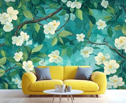 Jasmine Blossom Wall Mural, Elegant Floral Landscape 3D Wall Murals, Nature Turquoise Botanical Wallpaper Mural, for Living Room Bedroom Large Wallpaper Indoor Decor 169.3" W x118.2 H