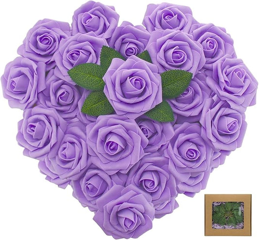 [25PCS] Isquene Purple Roses Artificial Flowers with Long Stem Real Touch Fake Foam Roses for Decoration DIY Wedding Bouquets Centerpieces Bridal Shower Flower Arrangements Home Decor