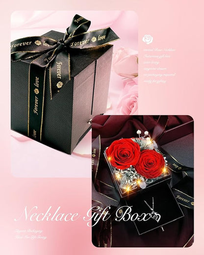 Birthday Gifts for Women, Preserved Real Roses with Heart Necklace I Love You in 100 Languages, Anniversary Wedding Gifts for Women Her Girlfriend Wife, 2 Red Forever Roses Necklace Gift Box