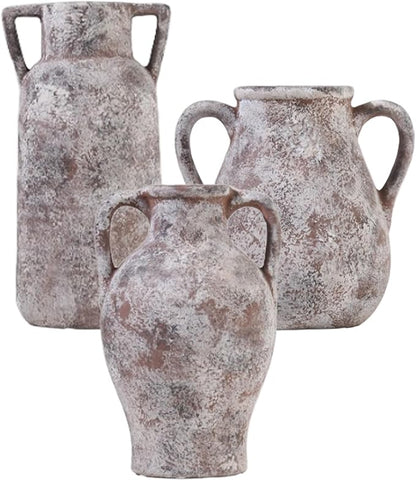 Ceramic Vase Set of 3, Handmade Rustic Farmhouse Vases with Handles, Glazed Interior, Aged Terracotta Finish, Boho Home Decor for Table, Shelf, Mantel, Flower Arrangement