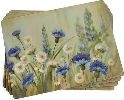 Pimpernel Fleurs des Champs Collection Placemats & Coasters Set (15.7" x 11.7") – Blue & White Cornflower Pattern on Cork-Backed Boards, Heat & Stain Resistant Dining Mats with Lacquered Finish