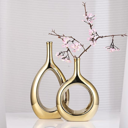 Glossy Gold Vase Ceramic Gold Vases Home Decor,Modern Minimalist Circle with Hole Decorative Vase, Hollow Ellipse Flower vases for Bookshelf, Fireplace Mantle, Centerpieces,Farmhouse,Rustic Décor