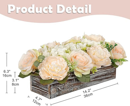 DILATATA Flower Arrangement with Wooden Vase 14" Artificial Flowers in Pot - Fake Flowers Roses Peonies Hydrangeas in Wooden Vase Potted Flower Centerpieces for Table Decor Living Room - Pale Yellow