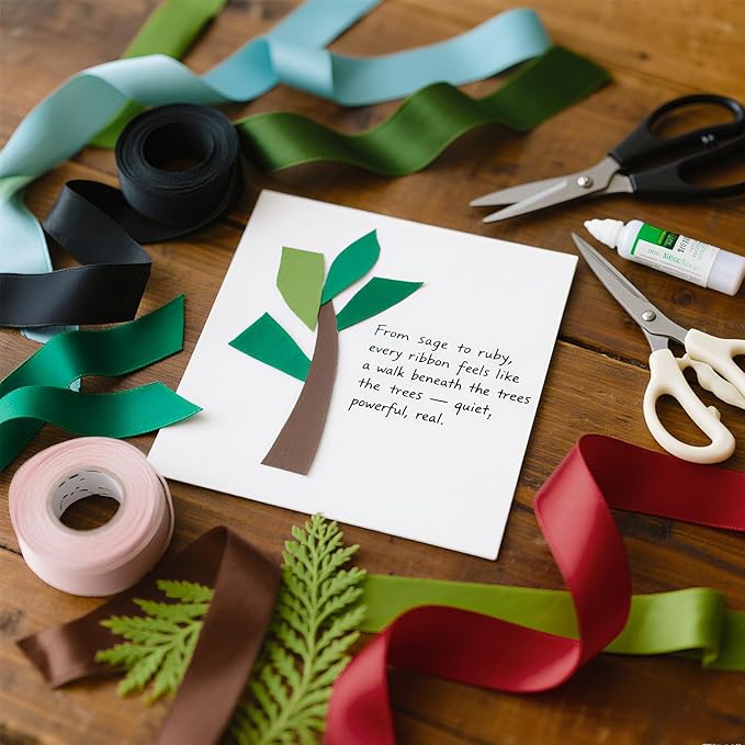 Green Satin Ribbon 1 Inch, 50 Yards Double Faced Pack,10 Natural Colored Ribbon Bulk for Gift Wrapping, Crafts, Flower Bouquet, Christmas, Eco Environment, Earthy Day, Forest Wedding