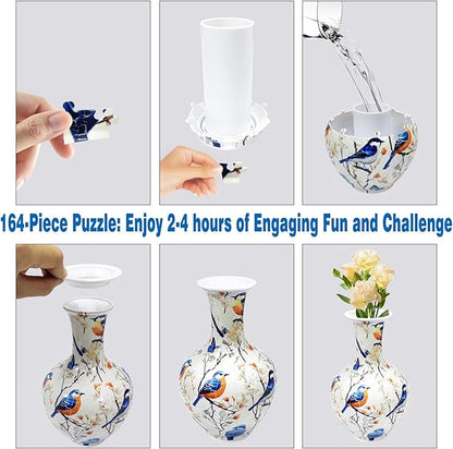 3D Puzzle Vase, 160 Curved Pieces DIY Flower Vase Craft Kit & 3D Puzzles for Adults, Creative Jigsaw Art Project Home Décor Centerpiece, for Women, Mom (White Birds & Blossoms)